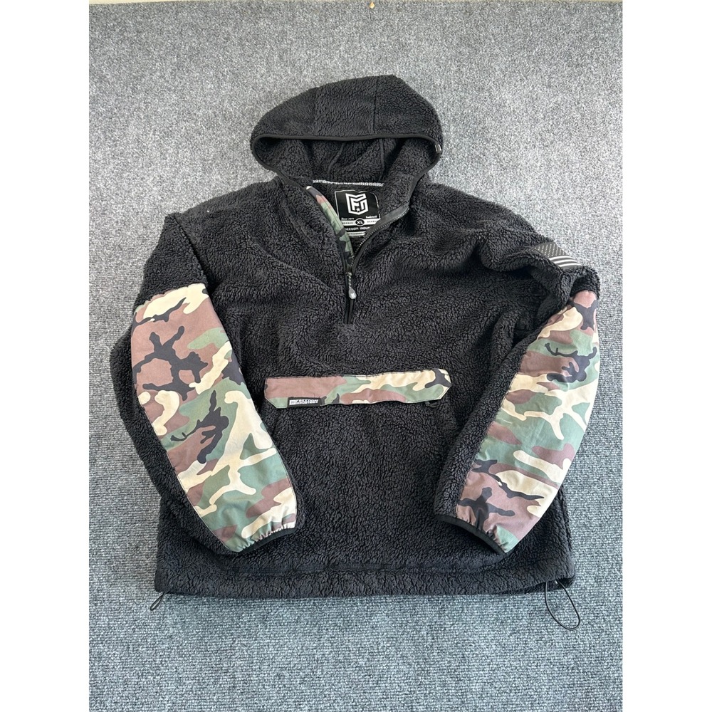 Freedom Industries Mens XL Sherpa Fleece Anorak Quarter Zip Camo Hoodie‎ Black